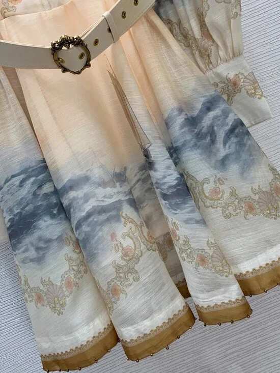 Agua by Agua Bendita Cream Seascape & Floral Embroidered Belted Mini Dress - Picture 6 of 10